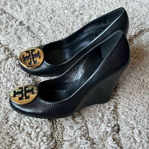 Tory Burch Black Leather wedges with Gold Logo Medallions